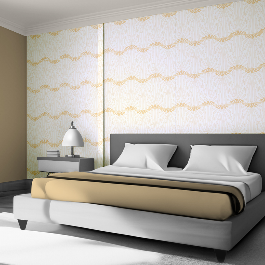 The artwork consists of a red square background with a repeating pattern of starburst shapes created by intersecting elongated lines. These lines are light-colored, contrasting sharply against the red background. The lines form multiple four-pointed stars with varying lengths and thicknesses, radiating outward in a geometric arrangement. The composition presents a clean, mid-century modern aesthetic, emphasizing simplicity and bold contrasts.